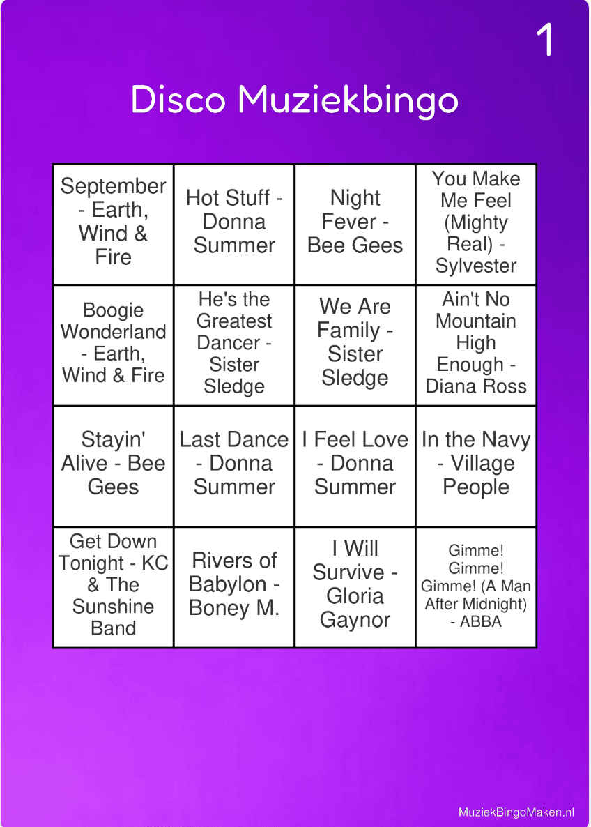 Muziekbingo kaart voorbeeld voor thema Disco Muziekbingo