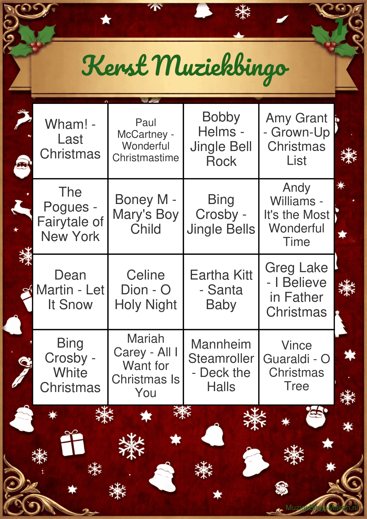 Kerst muziekbingo kaart voorbeeld