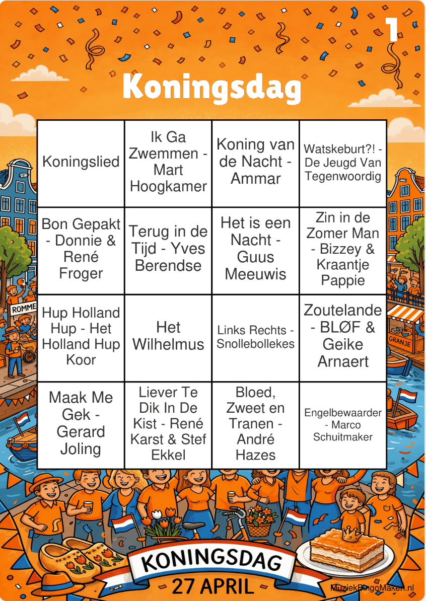 Muziekbingo kaart voorbeeld voor thema Koningsdag
