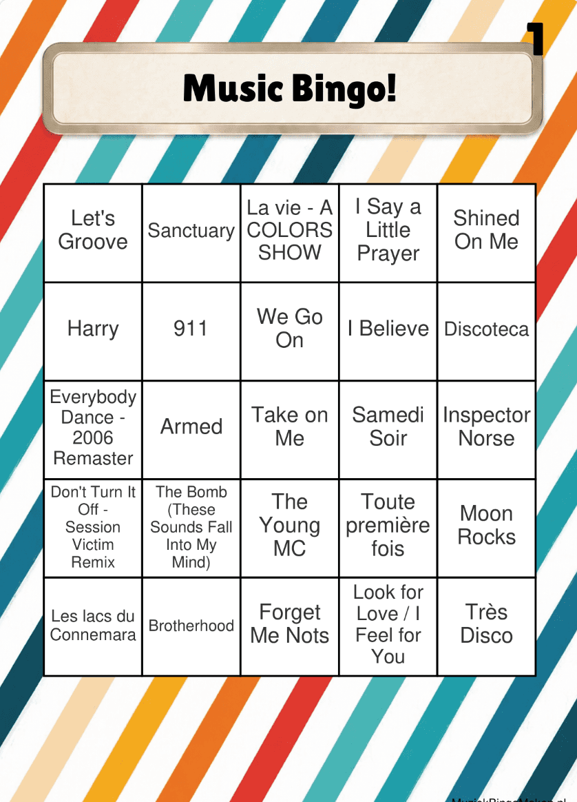 Aprรจs-ski muziekbingo kaart voorbeeld